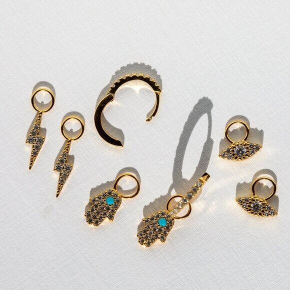 YOU PICK!  Gold Pave Huggies + you pick charm Bolt, Hamsa Hand or Evil Eye - Picture 2 of 14